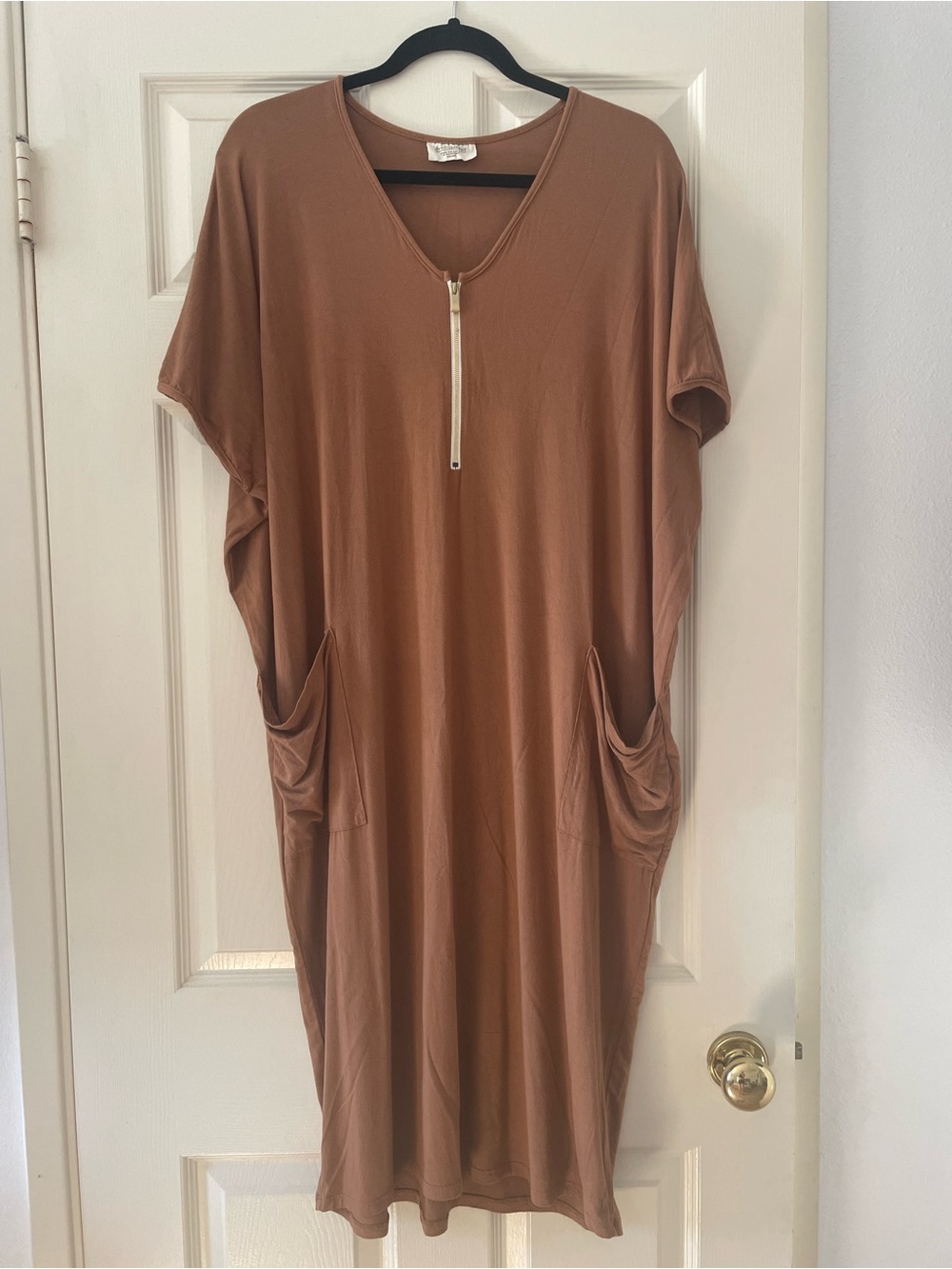 Dwell & Slumber Casual Zip-Front Midi Dress in Warm Brown